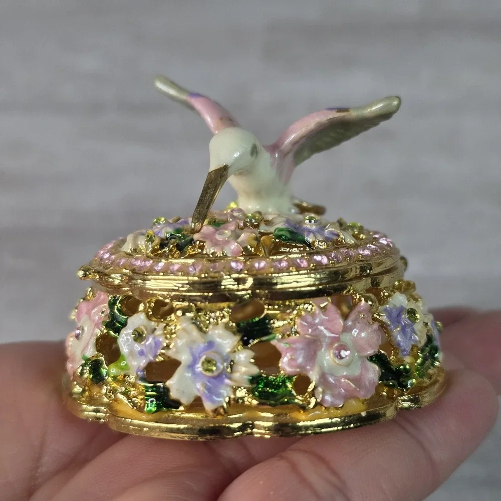 Enameled Trinket Box Hummingbird Floral Rhinestone Gold Tone Jewelry Keepsake